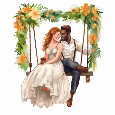Caucasian bride and African groom, sharing a romantic moment on a rustic wooden swing, surrounded by nature's beauty, vibrant colors, Pixar style, Clipart on a white background.