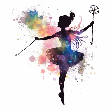 black silhouette of cute fairy with diaphanous wing flying with magic wand, clipart with white background, watercolor style, clearly defined separate image, high quality--ar3:4-no mockups, watermarks, numbers, writing, letters--q2--v5.1--s1000