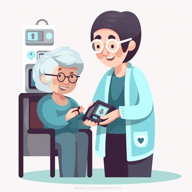 Clip art of grandma with hearth monitor getting a health check up in a tech company with computers. sparse colors, simple illustrations.