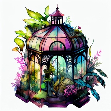 on a white background for a clipart realistic and detailed whimsical deep and bright color watercolor and black ink illustration in the 2d anime style. a glass greenhouse in art deco style overgrown with magic and fragrant vegetation, purple, pink, blue, green colors and shades magical details and mystical atmosphere. plants are everywhere