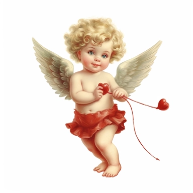 vintage adorable little cupid with red hearts, full body, clipart style, accurate details, oil painting technique, super high quality, professional clipart, high resolution, isolated white background