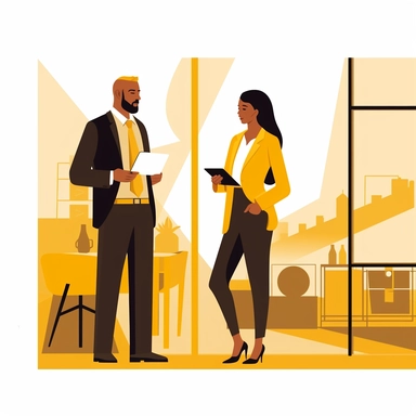 business day, slightly smiling woman and man in business clothes are talking in a large office, age fifty, a man has a laptop in his hands, a woman has a planning and a yellow pen in her hands, business style, vector clipart, 8k,