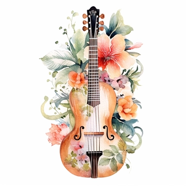 Ukulele: A small, four-stringed instrument synonymous with Hawaiian music and culture watercolor floral , clipart, intricate details, Light Colors Pastel , on white