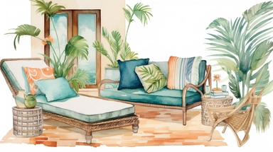 Watercolor clip art, Serena and Lily inspired, Editorial Style photo, Mid-range view, Artistic, Eclectic, Tropical plants and lounge chaise furniture, Varied and eclectic, Medium level of detail, Diverse and vibrant, Luxury bohemian resort brand, Soft and diffused, Beachfront, Afternoon, Bohemian and free-spirited, Eclectic and vibrant, on a white background, no shadow, shot on 70mm lens, Canon camera, 8k, spaced out, stylize 1000,