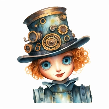 Ellen the adorable robot in watercolor, steampunk - inspired with a shiny bronze body, intricate gears, and a quirky top hat. She has large, round eyes that sparkle with intelligence and creativity. Ellen's passion is inventing unique gadgets that solve problems and make life more exciting for her friends, white background, clipart style, transparent background