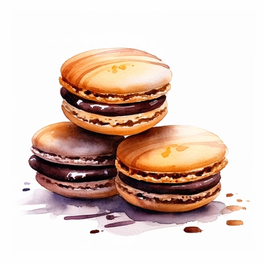 Commercial shot of ultra - realistic watercolor painting of really delicious chocolate macaroons clipart, aesthetic, good looking food, delicious, yummy, foodie, healthy, white background no text, isolated on white, watercolor illustration, award winning, strong and sharp lines