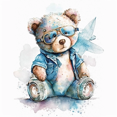 cute teddy bear, clipart, drive airplane, small full body, wearing blue jeans shirt, eye goggles,watercolor, in style of Gaston Bussière, white background