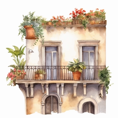 watercolor clipart realistic balcony in italian style with plants and flowers glicine ,single object,png,transparent ,watercolor styles, white background for removing background- - no text shadow font watermark
