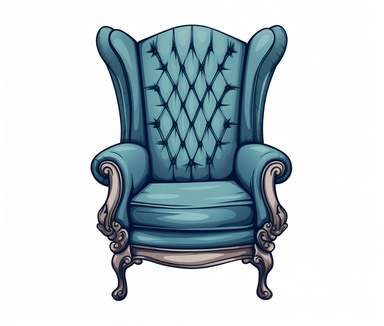 chair wing chair 2 vintage old clipart png, in the style of colored cartoon style, dark aquamarine and indigo, witty and clever cartoons, juxtaposition of hard and soft lines,white background