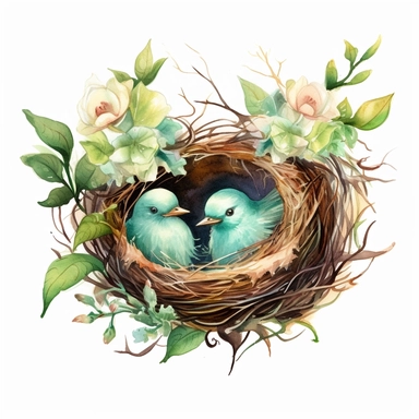 Highly detailed watercolor clipart, floral Bird Nests springtime cute birds and blossoms, 2bird and eggs in bird's nest., fantasy, highly detailed, fantasy cartoon illustration, greenery, alcohol ink, Watercolor, UHD, 8K, 3D