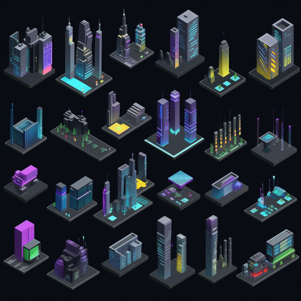 spritesheet of futuristic city buildings, isometric perspective, game ...