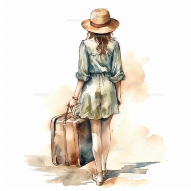 vintage back travel woman with hat holding luggage, whole body girl, Watercolor style, Clipart,on white background with margins