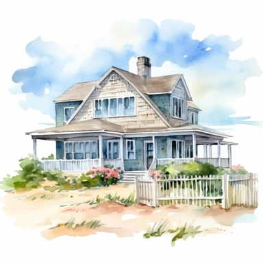 A watercolor clipart on isloated white background in the style of Bob Byrlwy of charming Nantucket beach houses nestled among the dunes of a sandy shore. The house should have a classic beachy design, with shingles or clapboard siding, plenty of windows to let in the ocean breeze, and perhaps a wraparound porch or a set of Adirondack chairs out front. The scene should be set on a sunny day, with blue skies overhead and the sound of waves crashing in the distance. The beach house should be surrou