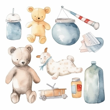 watercolor, baby themed things on white background with margins, clipart collection