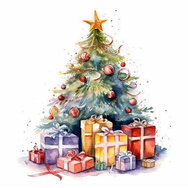 watercolor christmas tree with presents under clipart high resolution