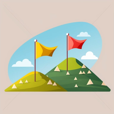 two big triangular flags on small hill clipart, flat illustration