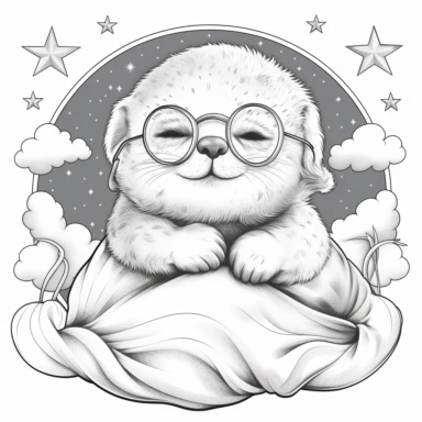 colouring book, black and white, simple art, a cute baby Otter sleeping on a mega cloud, pyjama hat on, closed eyes, glasses on, magical tale, for ages 2-6, adorable, bedtime, clipart, no fill, no background