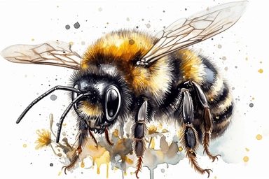 Aquarelle Bumble Bee Clipart on a flax flower, detailed painting, white background, single design, isolated white background, 8k, spaced out