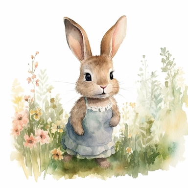 watercolour clipart illustration of cute shy modest baby bunny looking to the left wearing beautiful detailed cute big dress, standing in woodlands background on grass with flowers on white background, in the style of hyper-realistic animal illustrations, i can't believe how beautiful this is, childlike illustrations, close up, earthy tones