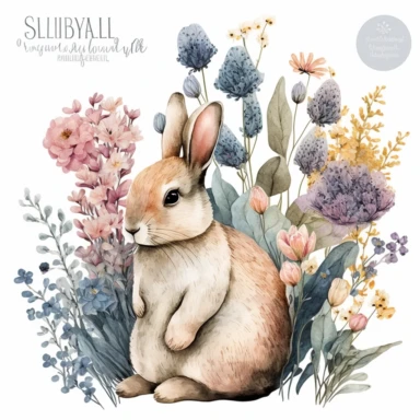 adorable watercolor bunny clipart illustration sitting among flowers, transparent background