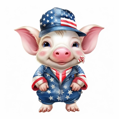 Cute Beautiful Happy Face Patriot Baby Pig For 4th Of July Full body Sublimation Clipart ,Cartoon,hyper realistic, intricate detail, illustration style,high solution,on the white background
