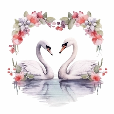 watercolor romantic couple of swans lake with flower frame , Clip Art, high definition 8k , illustration, sublimation, white background for removing background