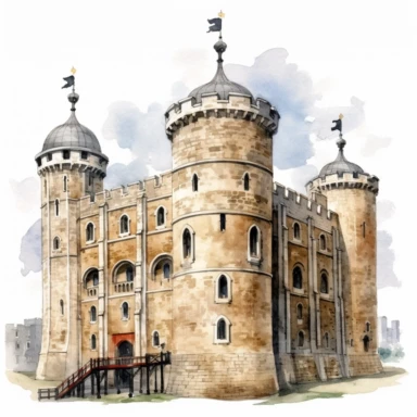 tower of London UK, watercolour illustration clipart, extremely detailed, 4k, high quality, isolated on white background