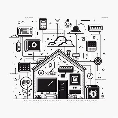 black and white flat abstracted fun modern line-art clipart design illustrations depicting a smart home and user device notifications and alerts