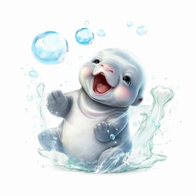 Baby Playful Manatee, Playfully chasing bubbles and giggling with joy , clipart for nursuring, animated, white transparent background