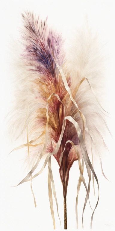 Watercolor Painting of SINGLE STEAM Pampas grass FLOWER on white background beautiful multi - headed pale, Flora Design Patterns, Flemish Baroque by Rachel Ruysch, Behance, Rococo, Intricate Detailed, Soft Light Effect, Oil Paint Strokes, Light Academia Aesthetic Flowers, Lighting cinematic, all shown shimmering stamens, tyndall light, light effect, texture, colorful, 8k, fantasy, ray tracing, depth of field, vivid, spectacular lighting, octane rendering, highly detailed, ultra - realistic, whit