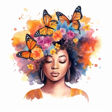 watercolor Afro Woman Juneteenth Day with butterfly half wreath drawing cliprart, illustration clipart, high detailed, white background, digital art