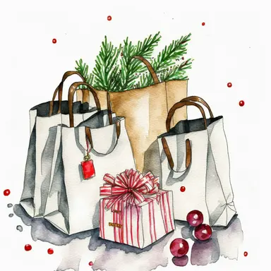 Christmas shopping bags, watercolor, ink lined, clipart, white background