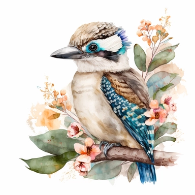 watercolor clipart of a cute Australian kookaburra bird with big eyes, native flowers, no background. Sharp face of animals. Adorable. High quality.