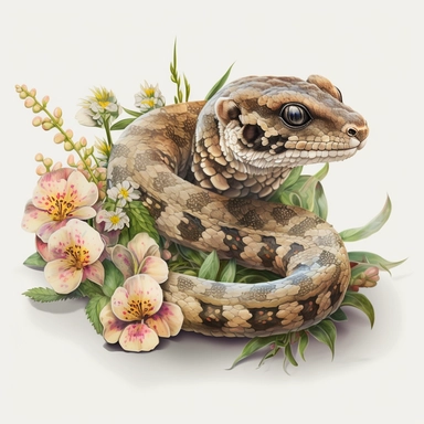 cute boa constrictor, clipart, flowers, realistic, very detailed, white background