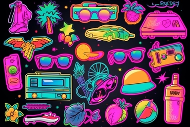 Retro 80s 90s clipart set. Neon colors y2k fashion patch, badge, emblem, stickers.