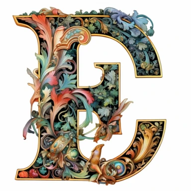 Art Nouveau illuminated initial, letter E , Clipart Bundle Mystical Illustration Fantasy Novel Clipart Magic, E, white background, png,