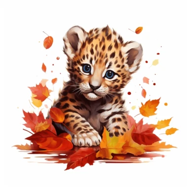 cute leopard cub, pouncing on fallen leaves, mistaking them for prey, bold colors, clipart, on a white background