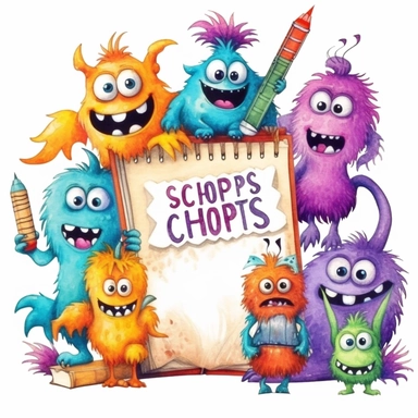 a page border of goofy, super adorable, cute, watercolour monsters, holding a school book that says Monsters at Schoop Clipart on it, pencil and art things, fluffy, big eyed, vibrant, smiling, on a pure white background in PNG format