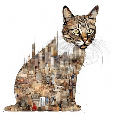 collage quirky cool collage city cat Felis catus clipart, detailed, clean line, hd, on white background, spaced out