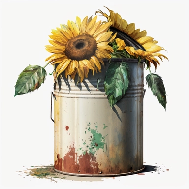 Watercolor sunflower Clipart in old Paint Cans, sunflower, white background, artistic, no text