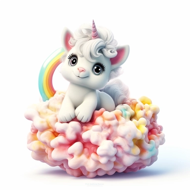 3d cute baby unicorn on fairy rainbow cloud,enchanment,magical journey,innocence,playful,adorable,fantasy,wonder,clipart,white background,colorful