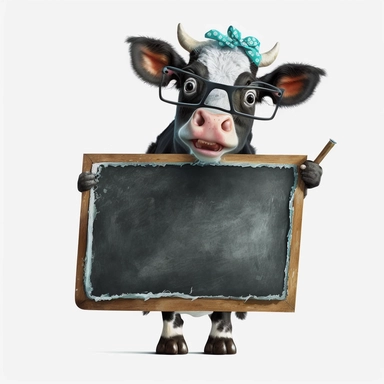 a funny looking smiling baby cow with glasses holding up a big blank blackboard, watercolor clipart on white background