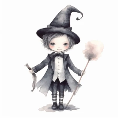 A watercolor pencile illustration of cute Halloween magician costume kid, inspired by nicoletta ceccoli, by Kubisi art, cute detailed artwork, high definition, whimsical art, Clipart style, png style, svg style, blank white background, isolated on a solid