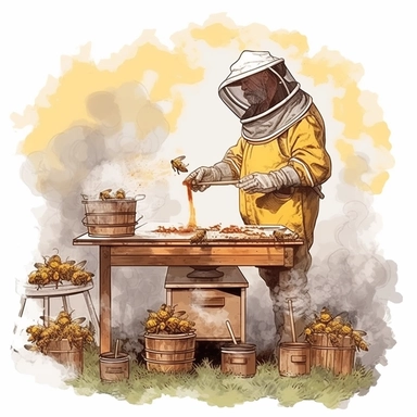 An artistic representation of a beekeeper in full protective gear, using a smoker to calm the bees before inspecting the hive, with other beehives visible in the background. (Digital drawing clipart, image black border color, full body, flat texture, transparent background)