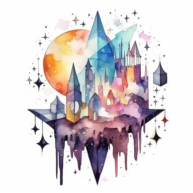 creepy magic crystals with crescent moon and stars clipart, fantasy, detailed, white background, illustration painting, collaged constructions, digital art, watercolor, in the style of sculptural and geometric, forced perspective drawings, Geometric brushstrokes form an intriguingly abstract, painterly figure, Pablo Picasso, Wassily Kandinsky,