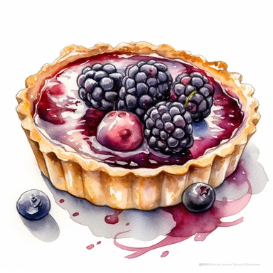 watercolor clipart of a decadent blackberry and coconut custard tart, contoured with a white background
