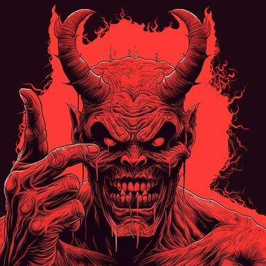 red eastern demon with horns, written Psicose Ink on top horror, satire, creepshow, 1980s, villains, clipart, fireworks, poster