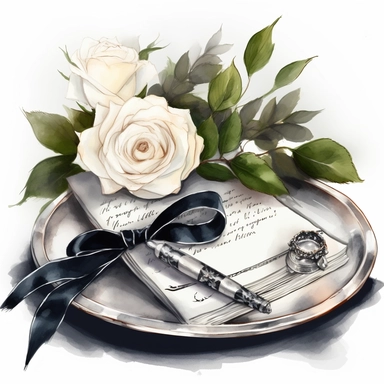hand drawn silver platter with a white rose and leaves laying beside a handwritten note along with the wedding rings tied with a thin black satin ribbon, glamorous, very detailed and realistic, watercolor, clipart style, white background with margins
