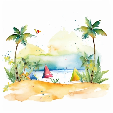 a vector illustration of a beach, versatile colors, clear defined borders, white background, watercolor, perfect for clipart on etsy