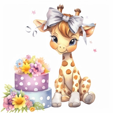 baby giraffe nursery full body watercolor style with gifts clipart, happy, with floral crown on head, Disney style,
